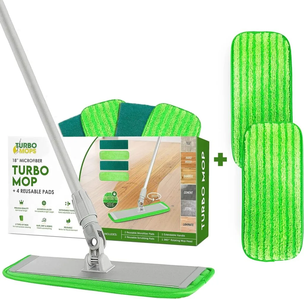 Turbo Microfiber Mop Floor Cleaning System Bundle - 18-inch Dust Mop with 6 Reusable Pads for Hardwood and Tile, 360-Spin Floor Mop Head  Extendable Handle - Household Cleaning Tools