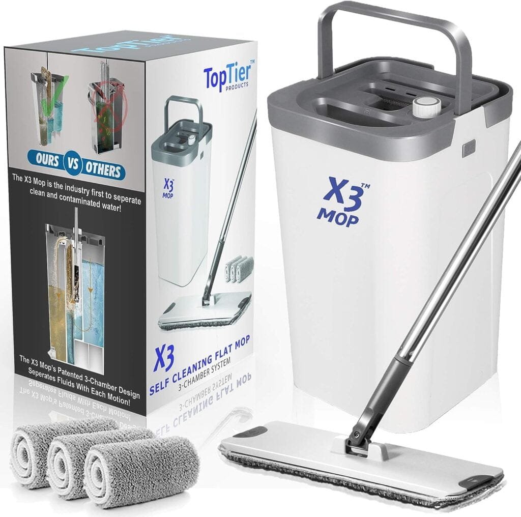 X3 Mop, Separates Dirty and Clean Water, 3-Chamber Design, Flat Mop and Bucket Set, Hands Free Home Floor Cleaning, 3 Reusable Microfiber Mop Pads Included