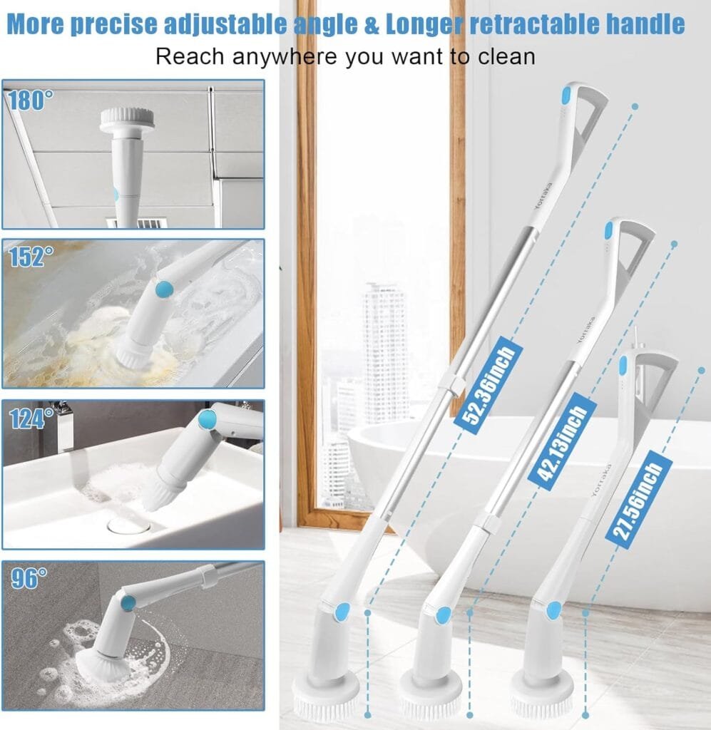Yorraka Electric Spin Scrubber Cordless, Power Electric Scrubber for Cleaning Bathroom with Long Handle, Electric Shower Scrubber, Adjustable Cleaning Brush with 7 Brush Heads for Tub Tile Floor Car