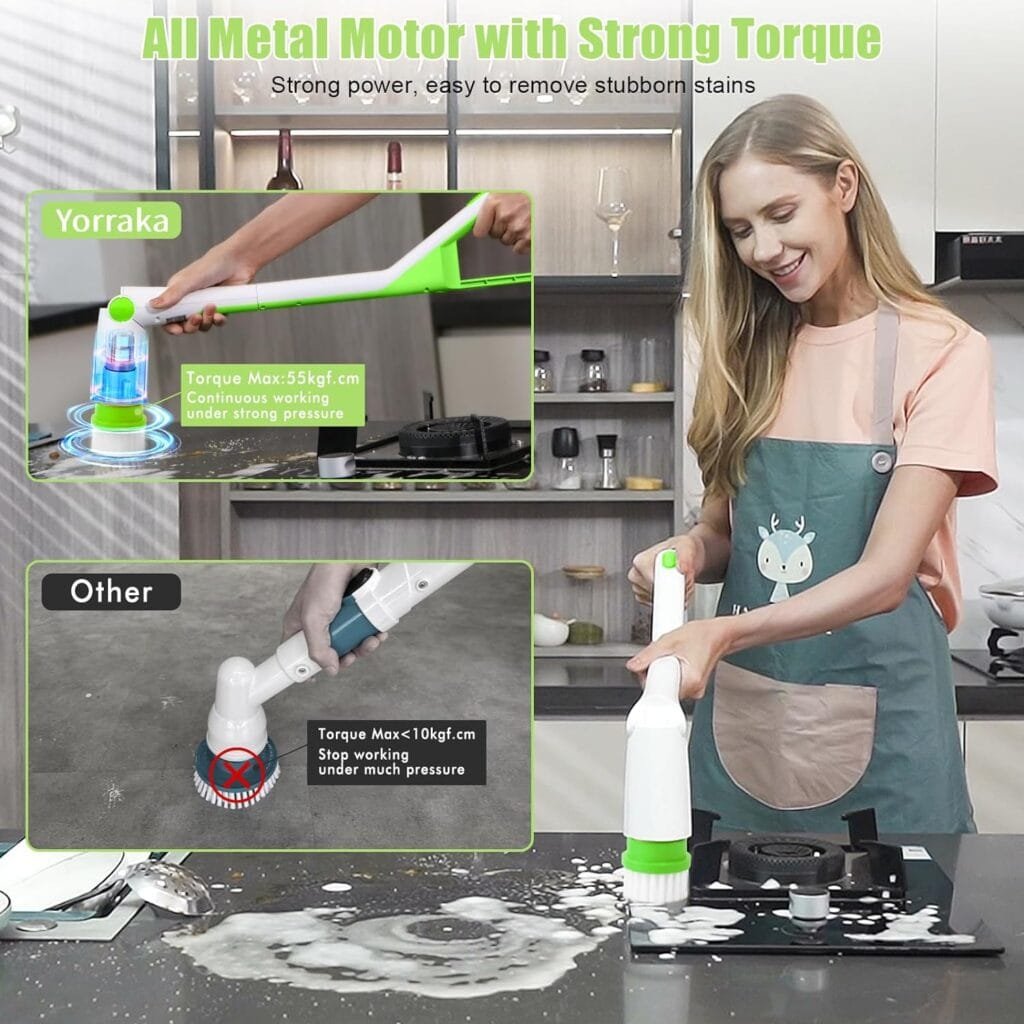 Yorraka Electric Spin Scrubber Cordless, Power Electric Scrubber for Cleaning Bathroom with Long Handle, Electric Shower Scrubber, Adjustable Cleaning Brush with 7 Brush Heads for Tub Tile Floor Car