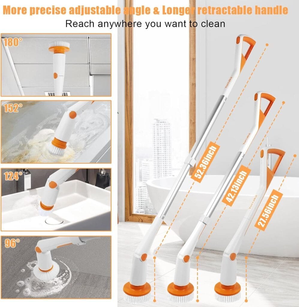 Yorraka Electric Spin Scrubber Cordless, Power Electric Scrubber for Cleaning Bathroom with Long Handle, Electric Shower Scrubber, Adjustable Cleaning Brush with 7 Brush Heads for Tub Tile Floor Car