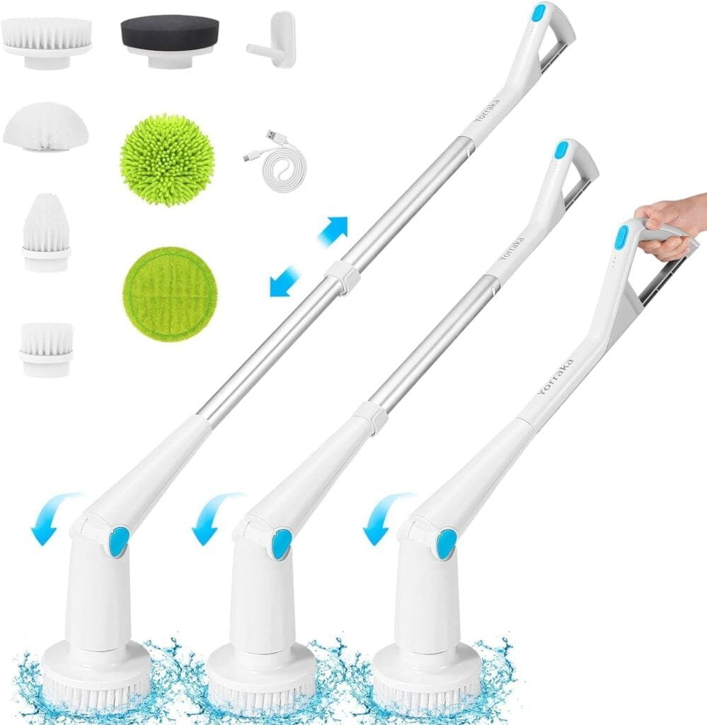 Yorraka Electric Spin Scrubber Cordless, Power Electric Scrubber for Cleaning Bathroom with Long Handle, Electric Shower Scrubber, Adjustable Cleaning Brush with 7 Brush Heads for Tub Tile Floor Car